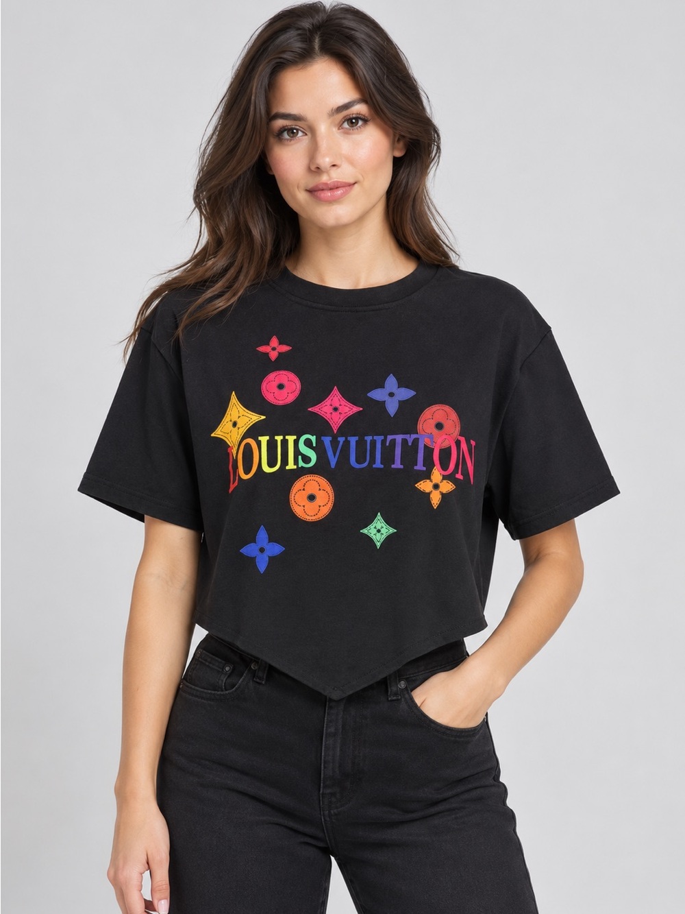 Designee inspires Black Cropped Logo Tee with Multicolor Motif size M/L